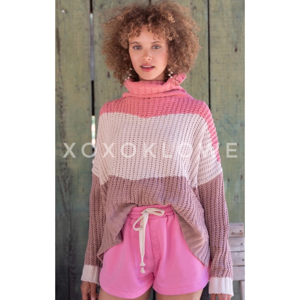 POL Pink Colorblock Turtleneck Sweater | Striped Oversized Knit
